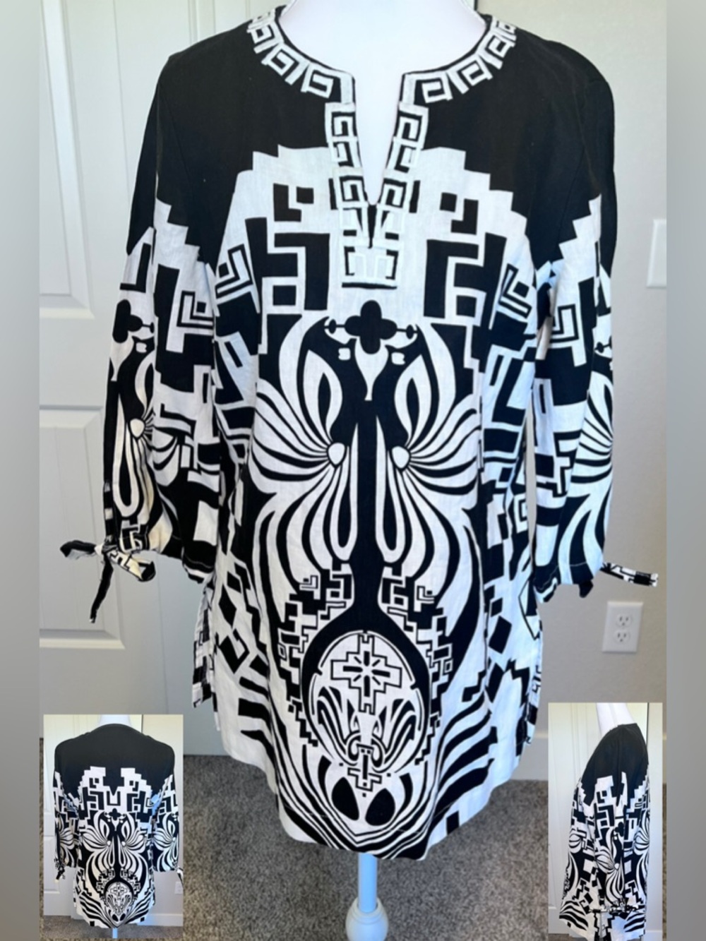 Linen Style & Co. Black & White Geometric Print Top 3/4 Tie Sleeve Sz 4